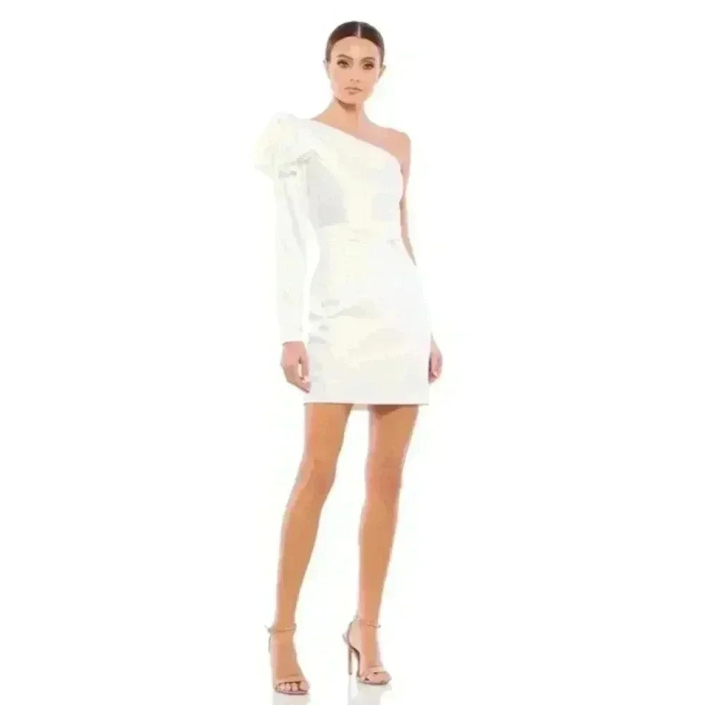 IEENA MAC DUGGAL ONE SHOULDER LONG SLEEVE STAIN MINI Wedding DRESS SIZE…